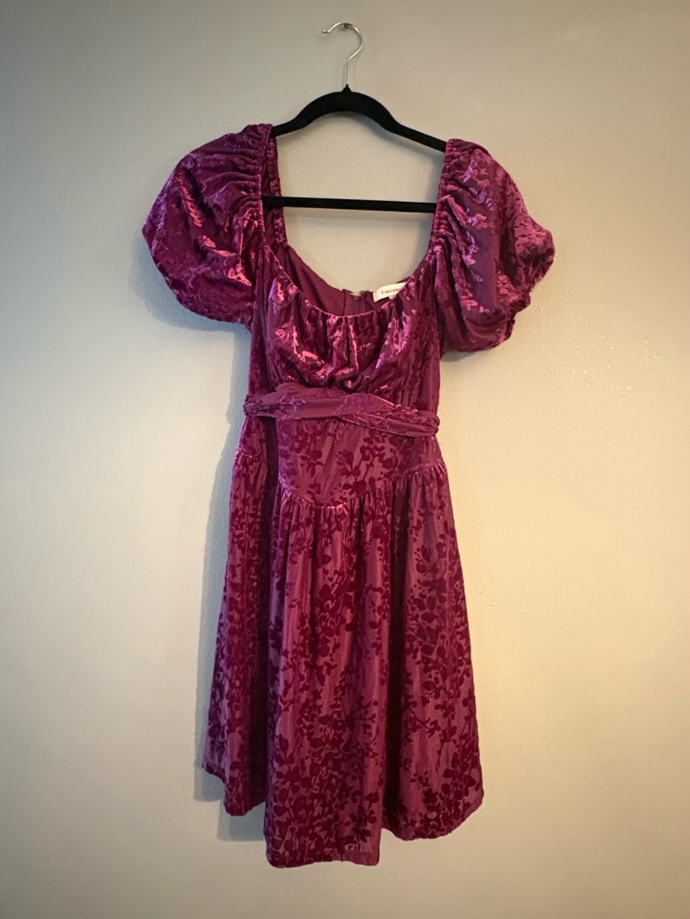 Francesca’s Velvet Burnout Puff Sleeve Mini Dress in Deep Magenta